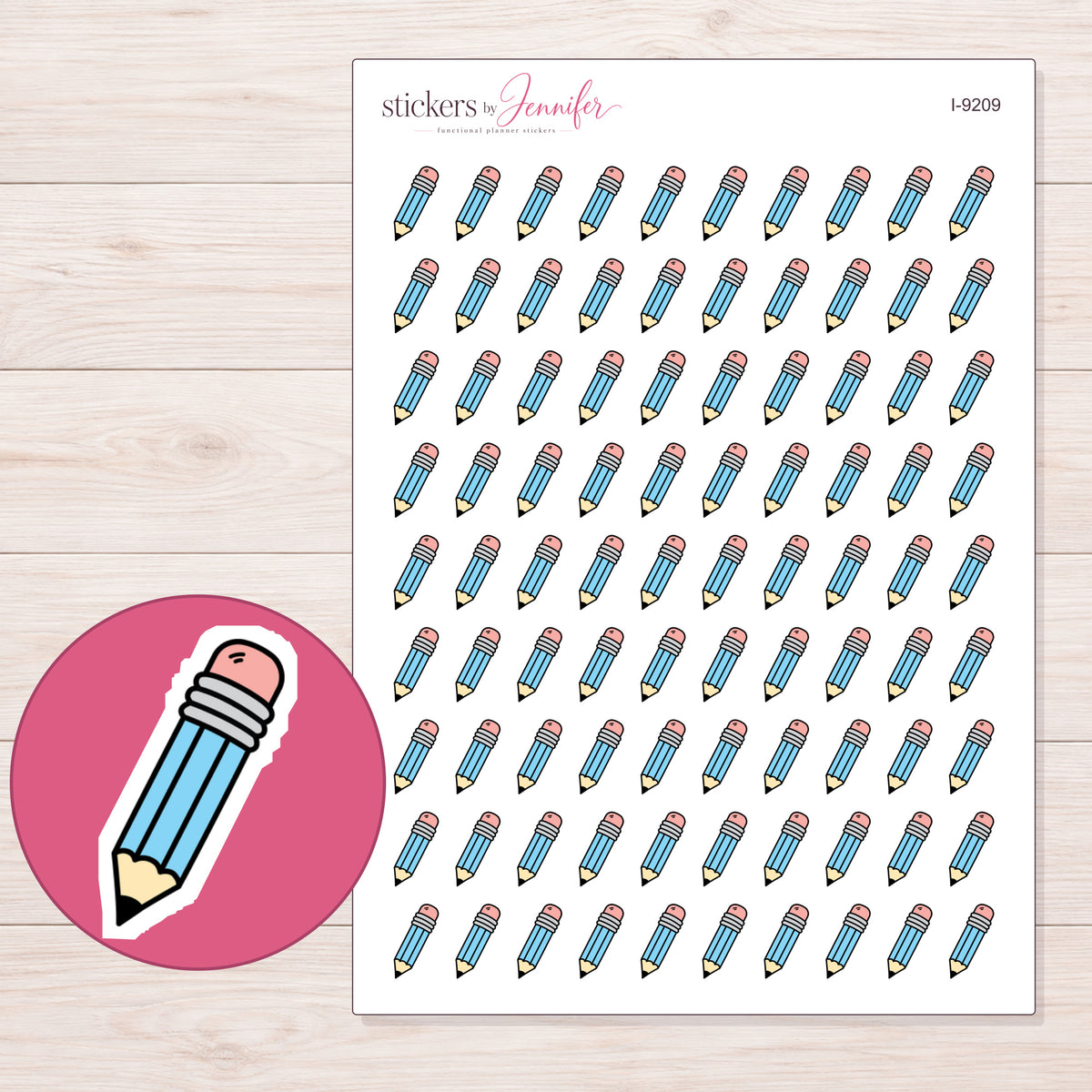 Blue Doodle Pencil Planner Stickers | I-9209 — 5 × 7 inch sheet and enlarged sticker detail
