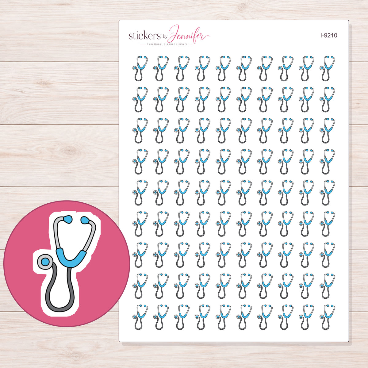 Blue Stethoscope Planner Stickers | I-9210 — 5 × 7 inch sheet and enlarged sticker detail