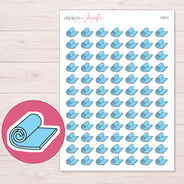 Blue Rolled Yoga Mat Planner Stickers | I-9212 — 5 × 7 inch sheet and enlarged sticker detail