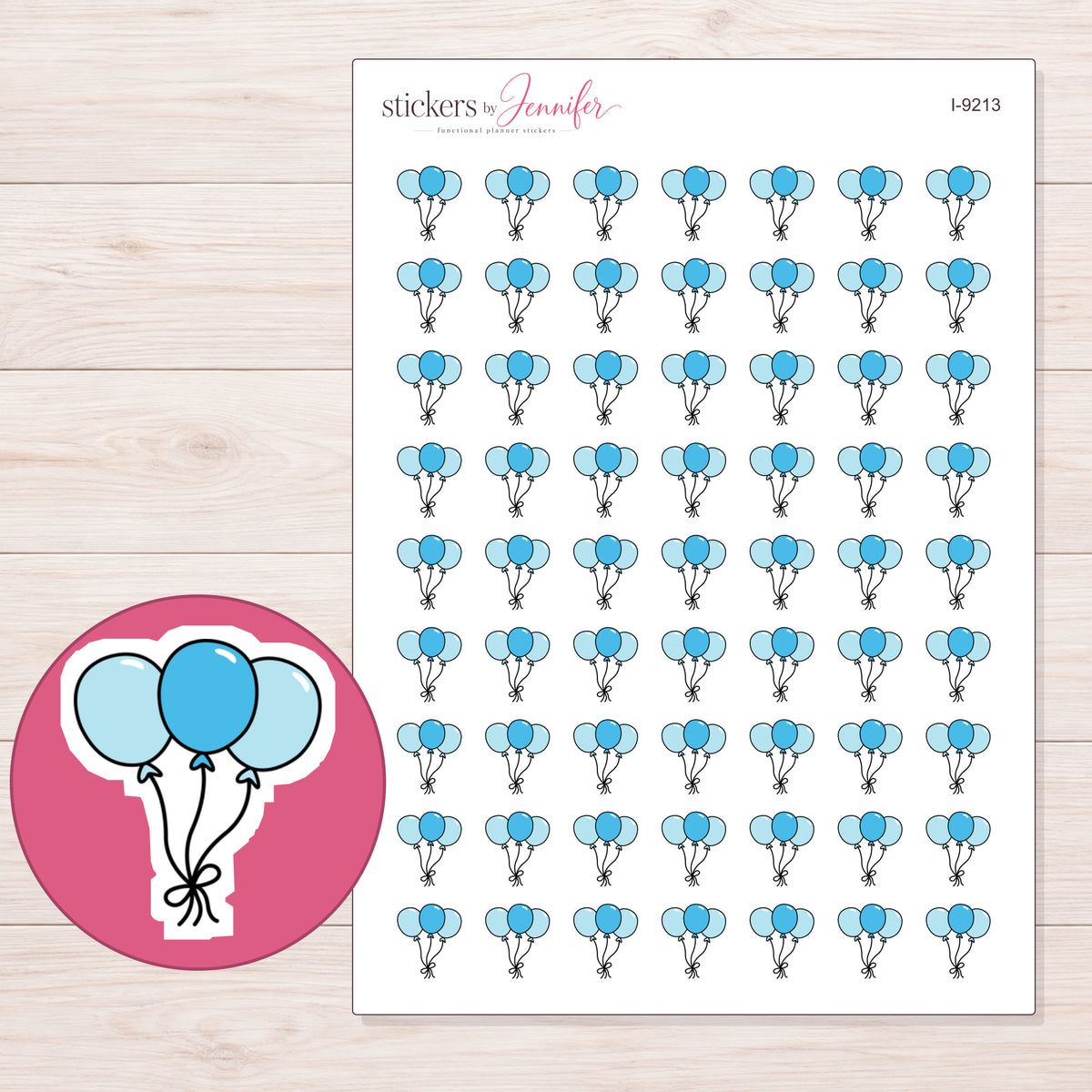 Three Blue Balloons Planner Stickers | I-9213 — 5 × 7 inch sheet and enlarged sticker detail