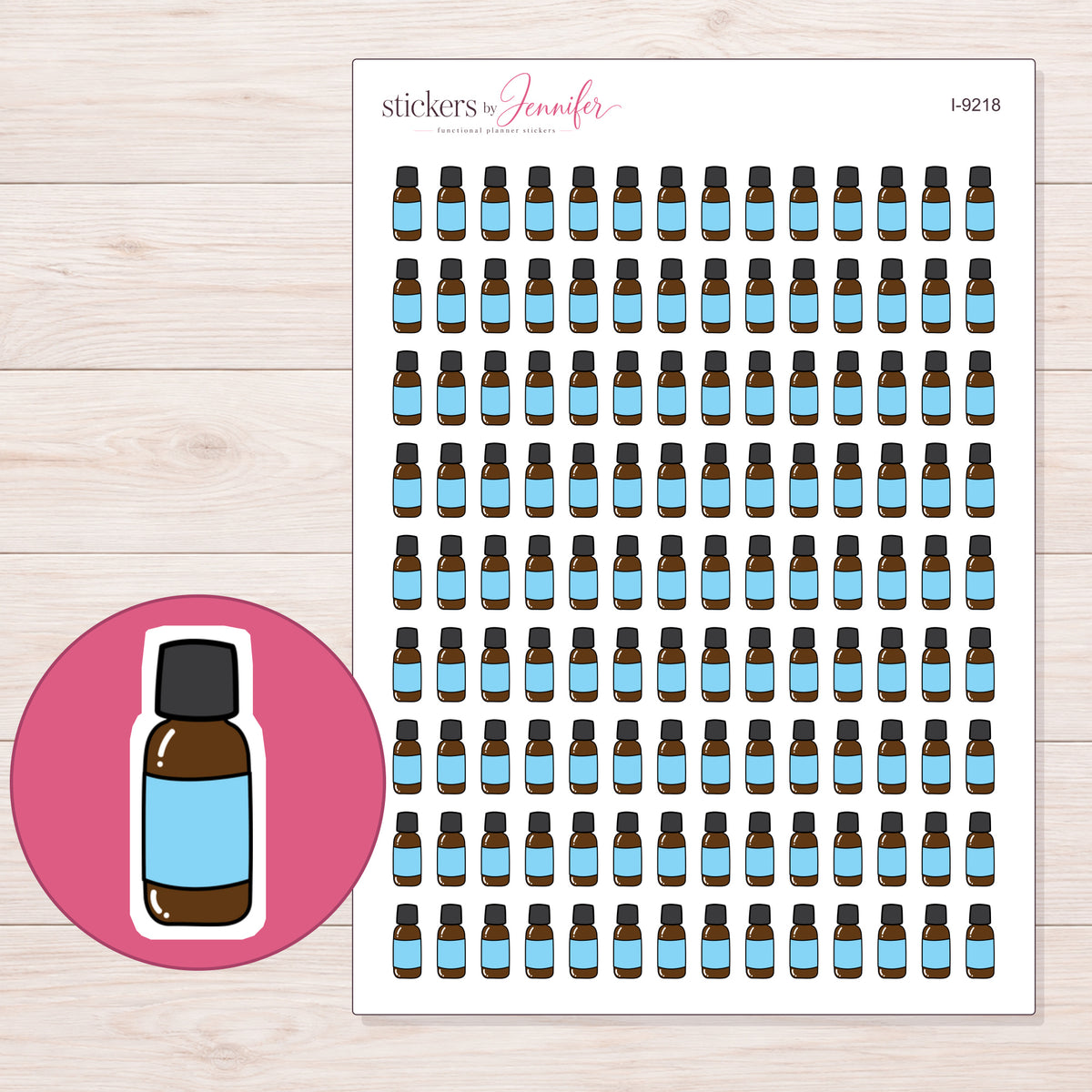 Blue Label Essential Oil Bottle Planner Stickers | I-9218 — 5 × 7 inch sheet and enlarged sticker detail