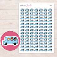 Blue School Trip Bus Planner Stickers | I-9221 — 5 × 7 inch sheet and enlarged sticker detail