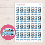 Blue Field Trip Lettered Bus Planner Stickers | I-9222 — 5 × 7 inch sheet and enlarged sticker detail