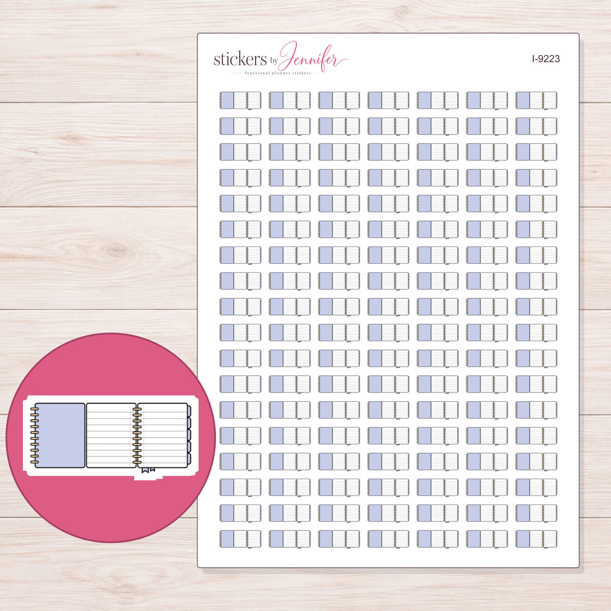 Lavender Foldout Planner Stickers | I-9223 — 5 × 7 inch sheet and enlarged sticker detail