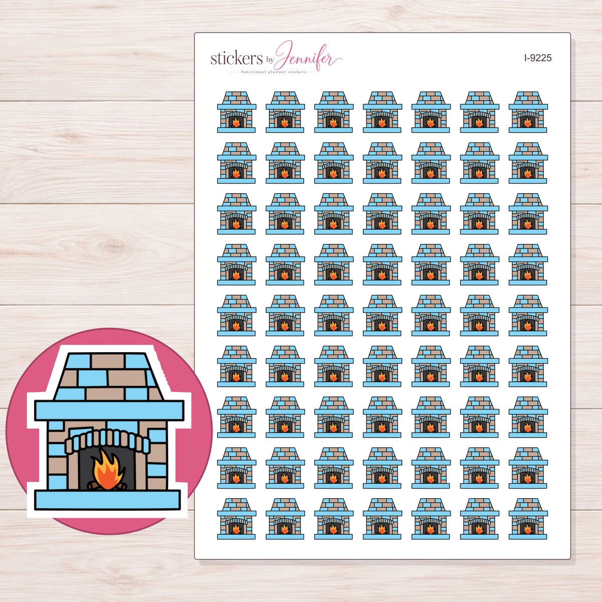 Blue Brick Fireplace Planner Stickers | I-9225 — 5 × 7 inch sheet and enlarged sticker detail