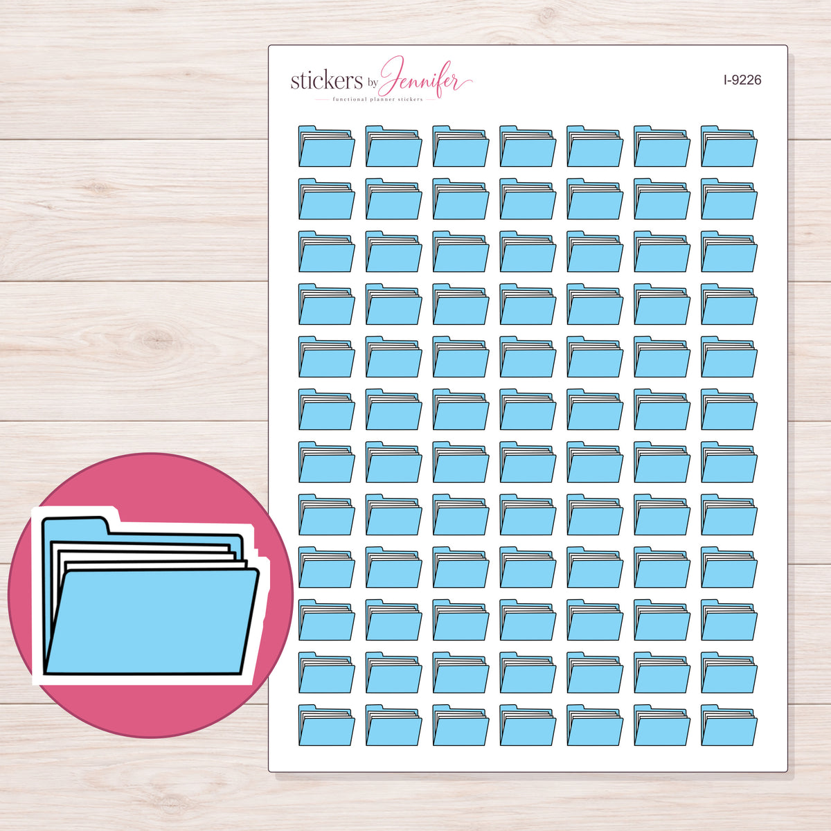 Blue File Folder Planner Stickers | I-9226 — 5 × 7 inch sheet and enlarged sticker detail
