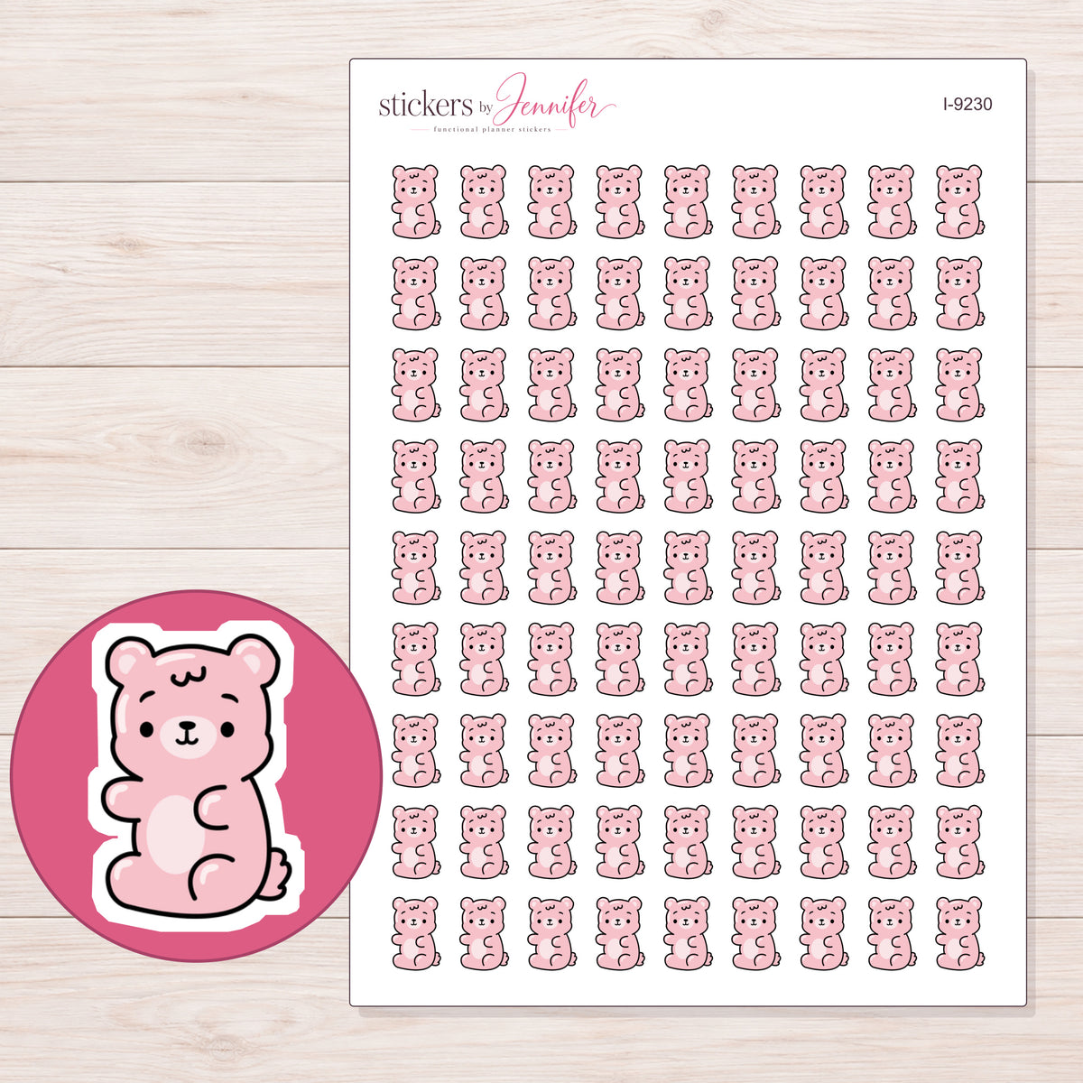 Blush Pink Gummy Bear Planner Stickers | I-9230 — 5 × 7 inch sheet and enlarged sticker detail
