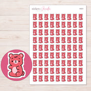 Coral Pink Gummy Bear Planner Stickers | I-9231 — 5 × 7 inch sheet and enlarged sticker detail