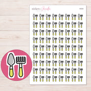 Yellow Gardening Tools Planner Stickers | I-9234 — 5 × 7 inch sheet and enlarged sticker detail