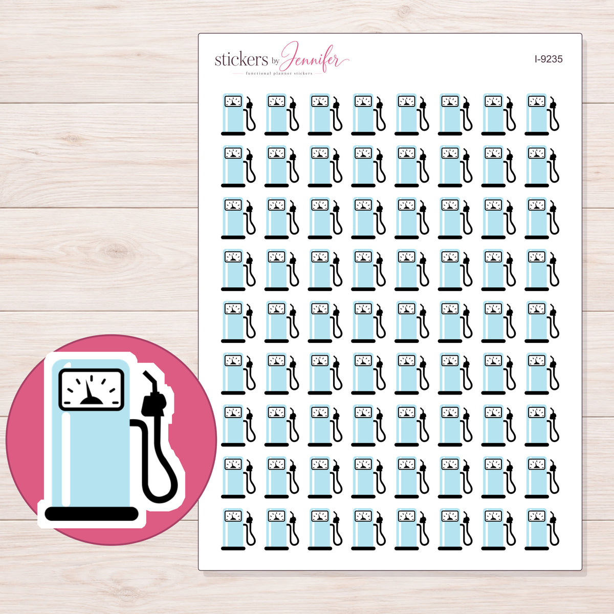 Pale Blue Gas Pump Planner Stickers | I-9235 — 5 × 7 inch sheet and enlarged sticker detail