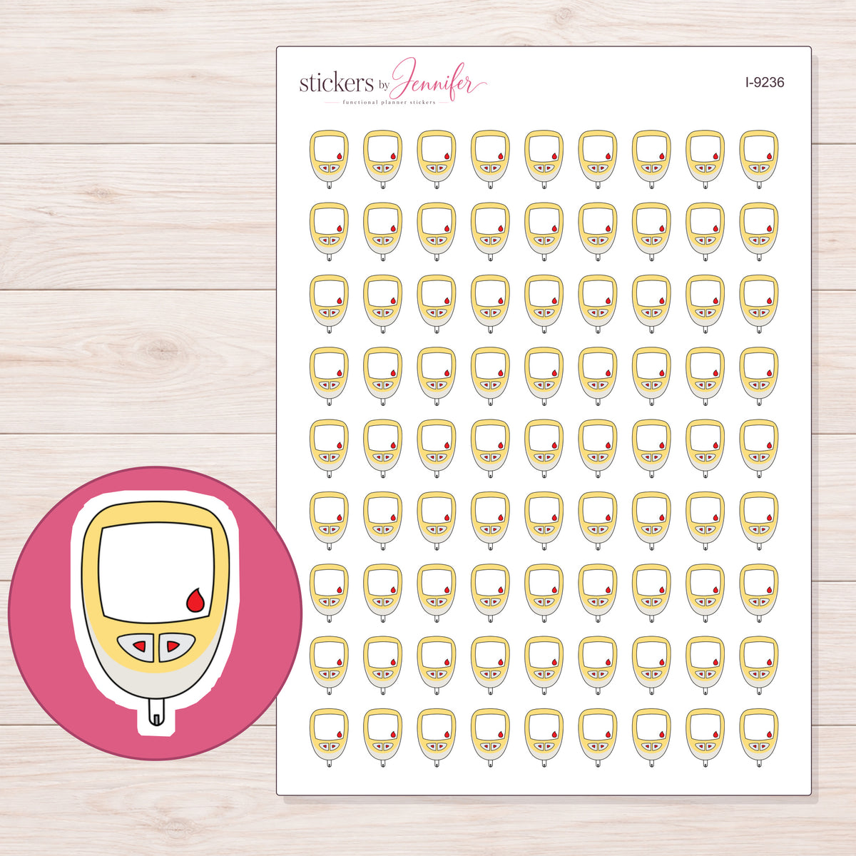 Yellow Glucose Meter Planner Stickers | I-9236 — 5 × 7 inch sheet and enlarged sticker detail