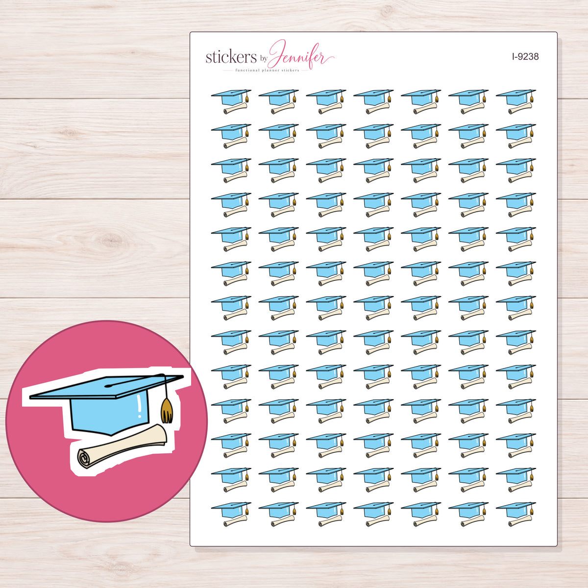 Blue Graduation Cap and Diploma Planner Stickers | I-9238 — 5 × 7 inch sheet and enlarged sticker detail