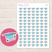 Blue Graduation Cap and Diploma Planner Stickers | I-9238 — 5 × 7 inch sheet and enlarged sticker detail