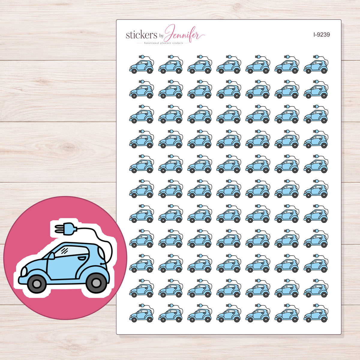 Blue Electric Car Planner Stickers | I-9239 — 5 × 7 inch sheet and enlarged sticker detail