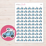 Blue Electric Car Planner Stickers | I-9239 — 5 × 7 inch sheet and enlarged sticker detail