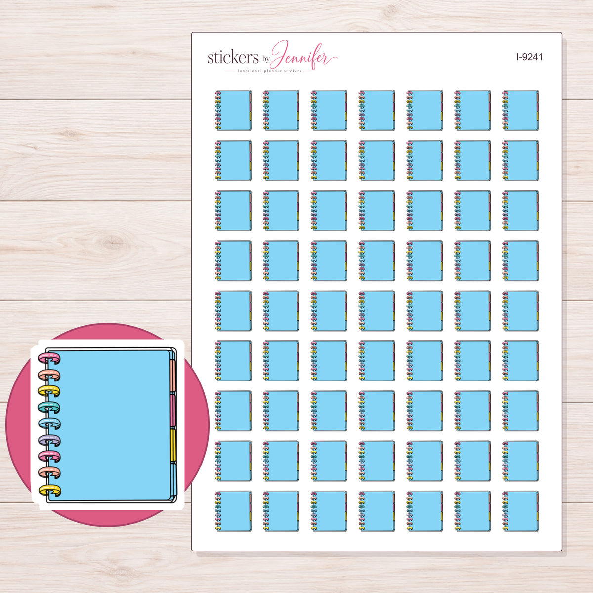 Blue Disc-Bound Planner Stickers | I-9241 — 5 × 7 inch sheet and enlarged sticker detail