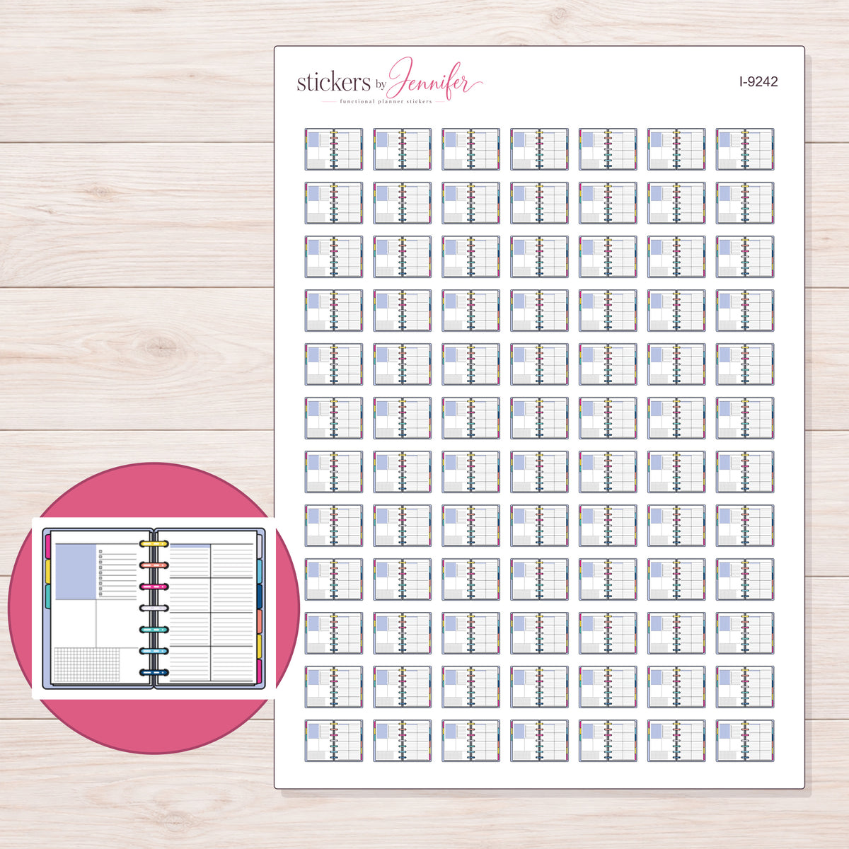 Open Lavender Accent Disc Planner Stickers | I-9242 — 5 × 7 inch sheet and enlarged sticker detail