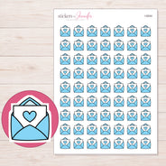 Blue Heart Happy Mail Planner Stickers | I-9244 — 5 × 7 inch sheet and enlarged sticker detail