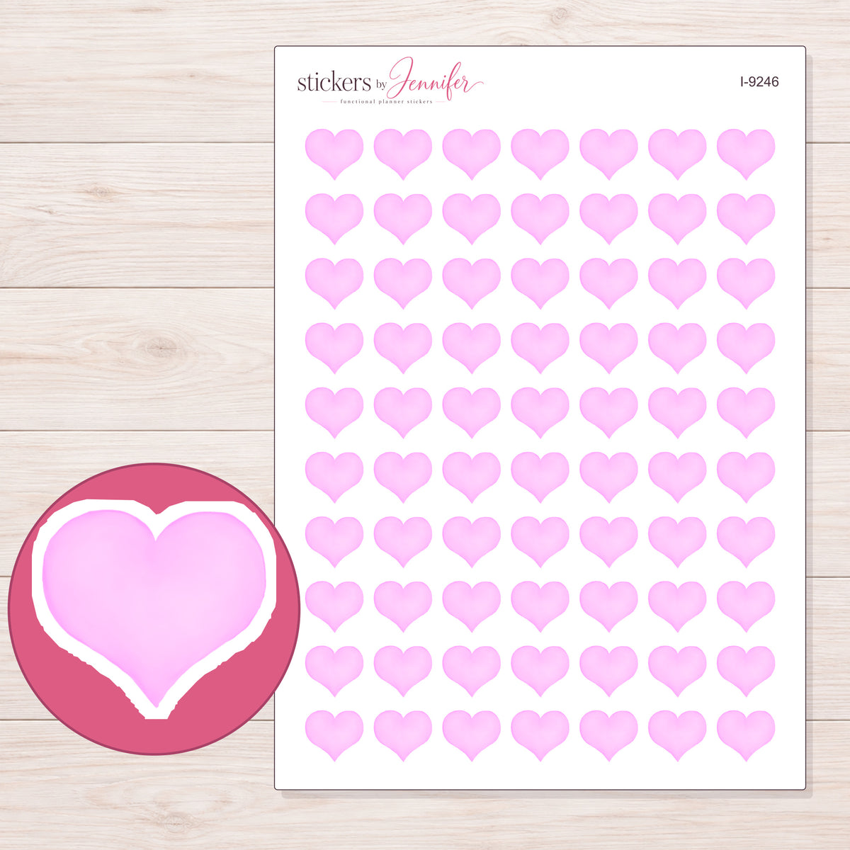 Orchid Pink Watercolor Heart Planner Stickers | I-9246 — 5 × 7 inch sheet and enlarged sticker detail