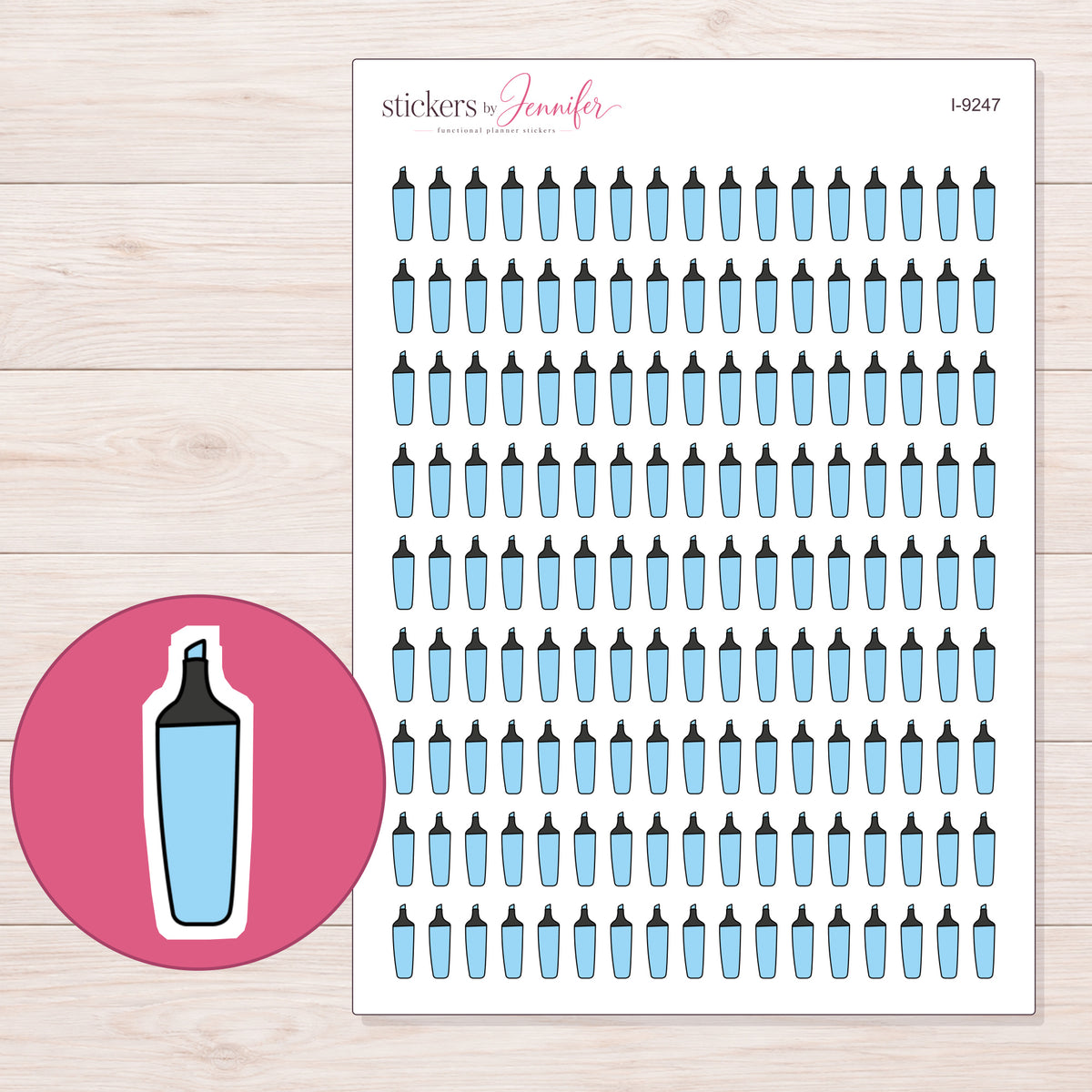 Blue Highlighter Planner Stickers | I-9247 — 5 × 7 inch sheet and enlarged sticker detail
