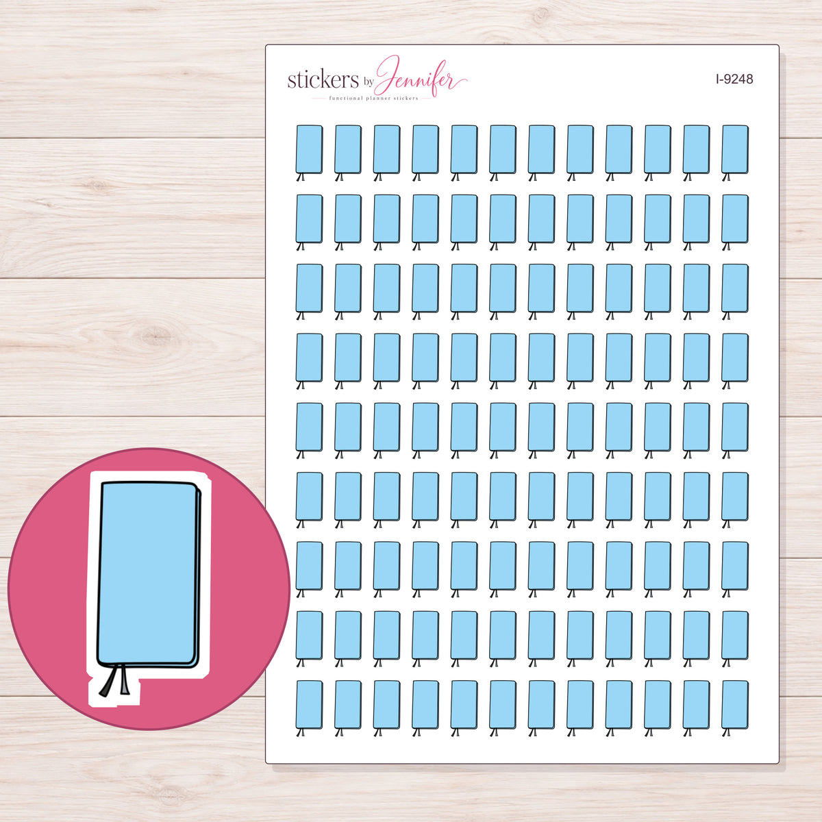 Blue Pocket Planner Stickers | I-9248 — 5 × 7 inch sheet and enlarged sticker detail
