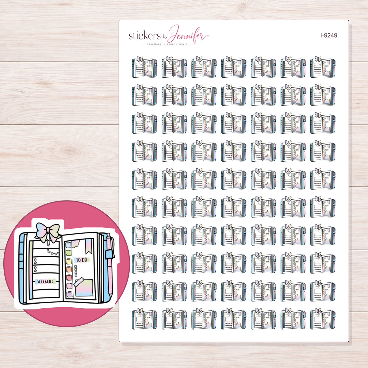 Open Bow Planner Stickers | I-9249 — 5 × 7 inch sheet and enlarged sticker detail