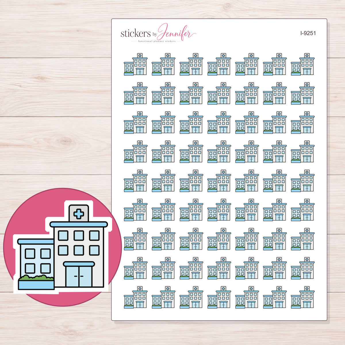 Blue Hospital Building Planner Stickers | I-9251 — 5 × 7 inch sheet and enlarged sticker detail