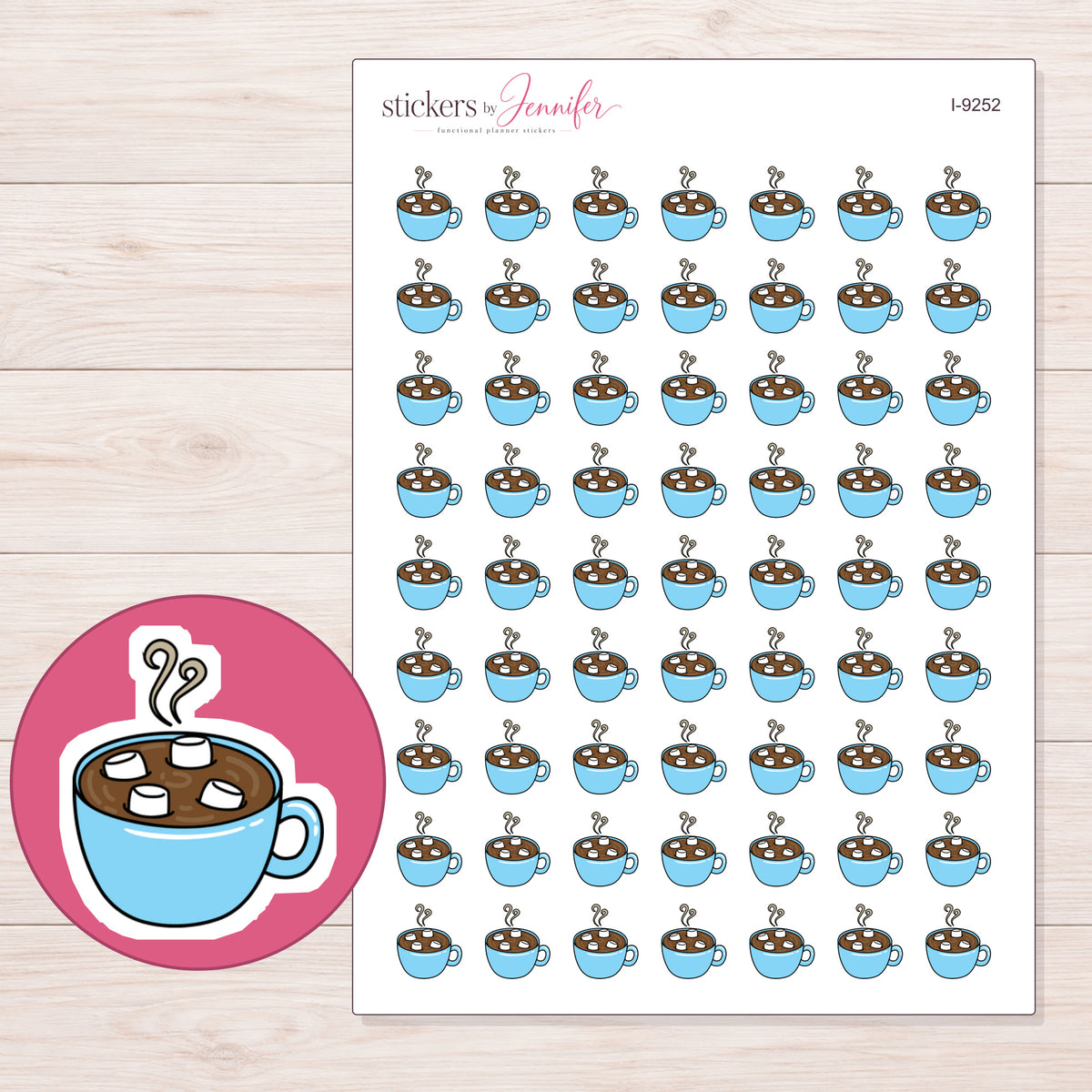 Blue Hot Chocolate Mug Planner Stickers | I-9252 — 5 × 7 inch sheet and enlarged sticker detail