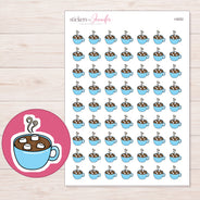 Blue Hot Chocolate Mug Planner Stickers | I-9252 — 5 × 7 inch sheet and enlarged sticker detail