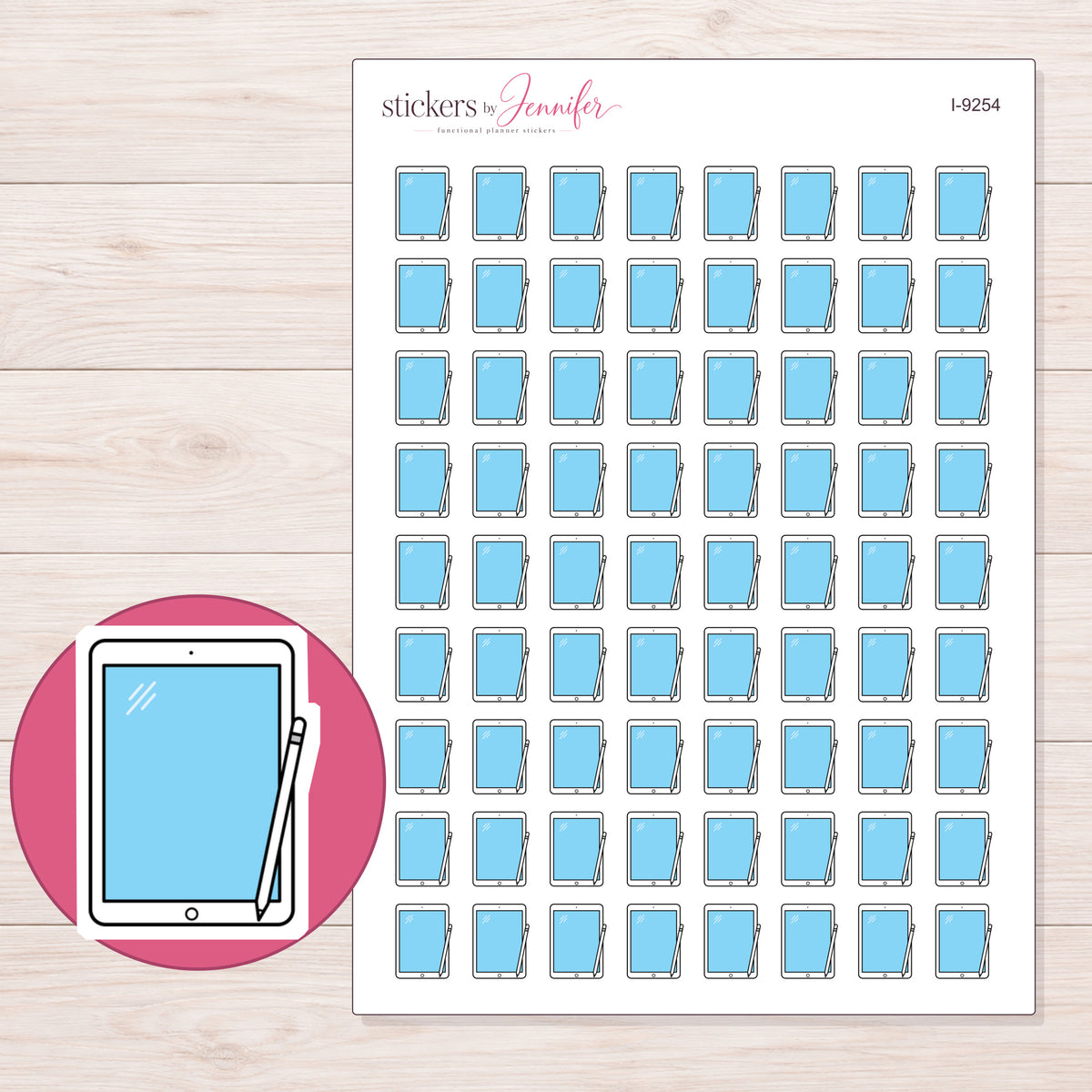 Blue Tablet and Stylus Planner Stickers | I-9254 — 5 × 7 inch sheet and enlarged sticker detail