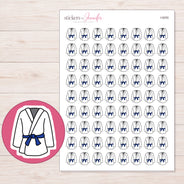White Martial Arts Uniform Planner Stickers | I-9255 — 5 × 7 inch sheet and enlarged sticker detail