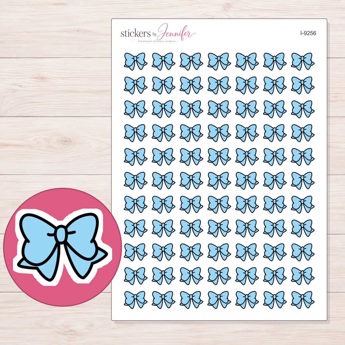 Blue Kawaii Bow Planner Stickers | I-9256 — 5 × 7 inch sheet and enlarged sticker detail