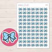 Blue Kawaii Bow Planner Stickers | I-9256 — 5 × 7 inch sheet and enlarged sticker detail