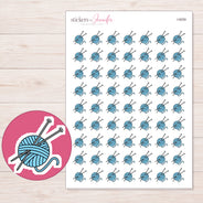Blue Yarn Ball and Needles Planner Stickers | I-9259 — 5 × 7 inch sheet and enlarged sticker detail