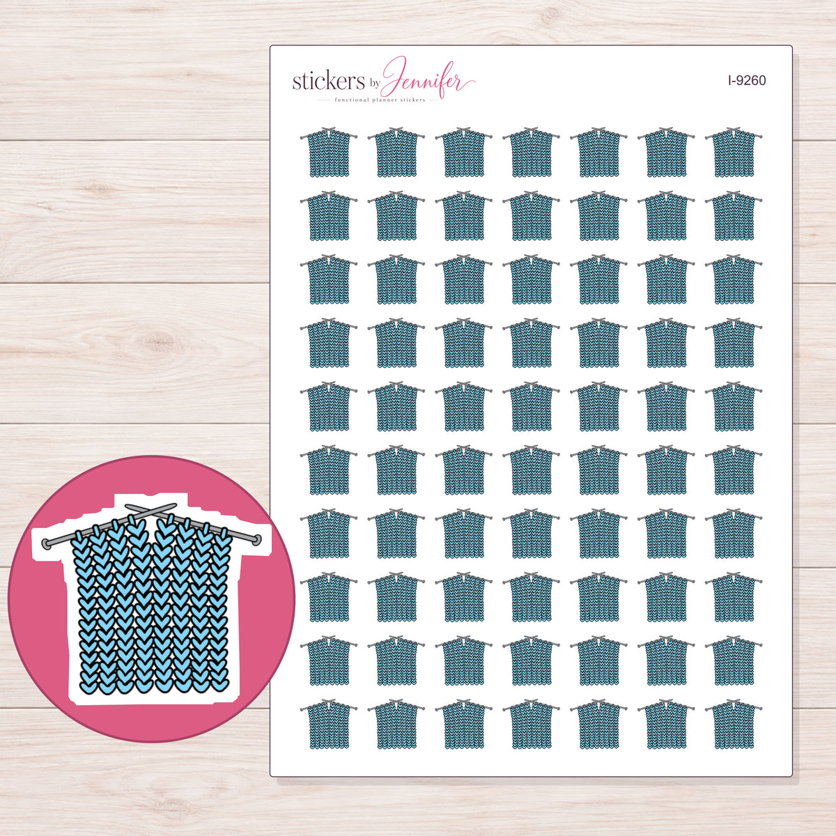 Blue Knitting Project Planner Stickers | I-9260 — 5 × 7 inch sheet and enlarged sticker detail