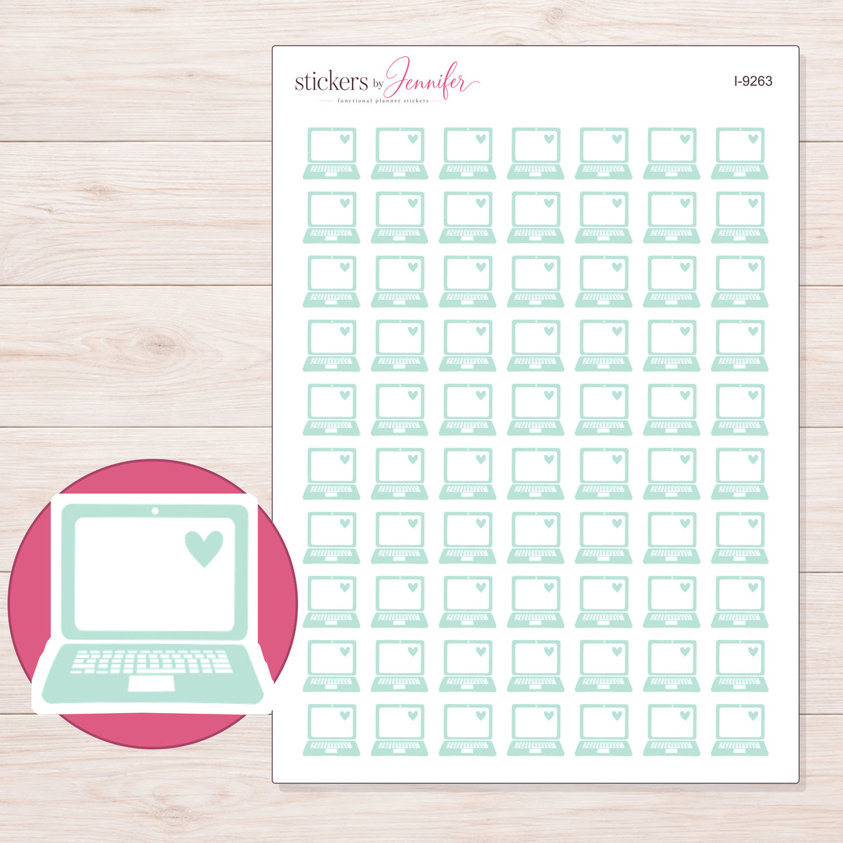 Mint Heart Laptop Planner Stickers | I-9263 — 5 × 7 inch sheet and enlarged sticker detail