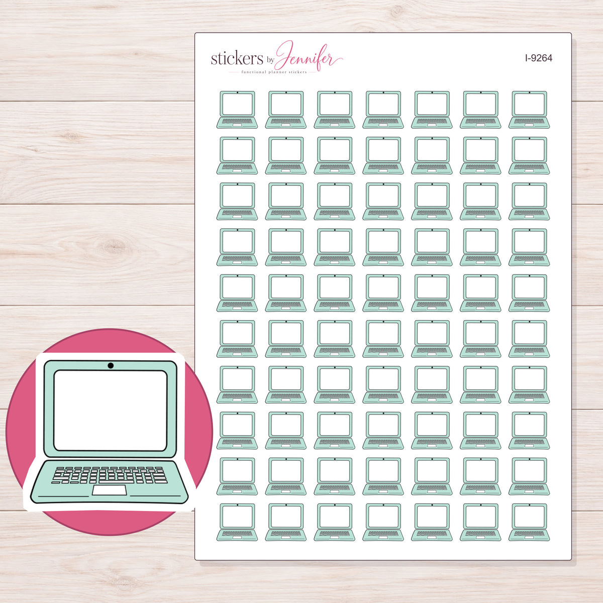 Mint Doodle Laptop Planner Stickers | I-9264 — 5 × 7 inch sheet and enlarged sticker detail