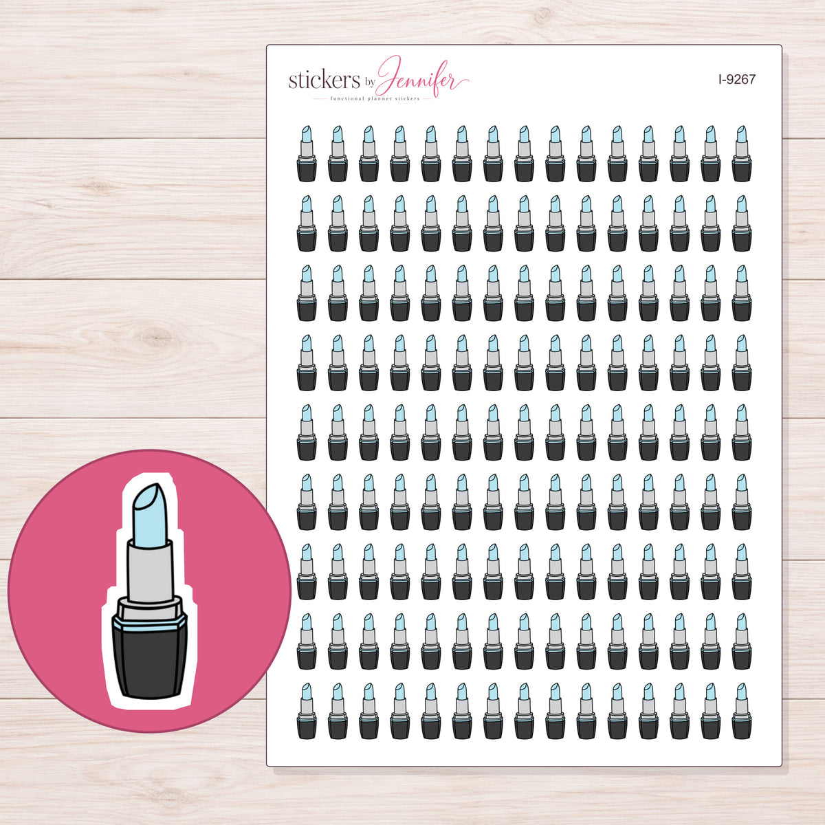 Pale Blue Lipstick Planner Stickers | I-9267 — 5 × 7 inch sheet and enlarged sticker detail