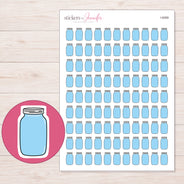 Blue Mason Jar Planner Stickers | I-9269 — 5 × 7 inch sheet and enlarged sticker detail