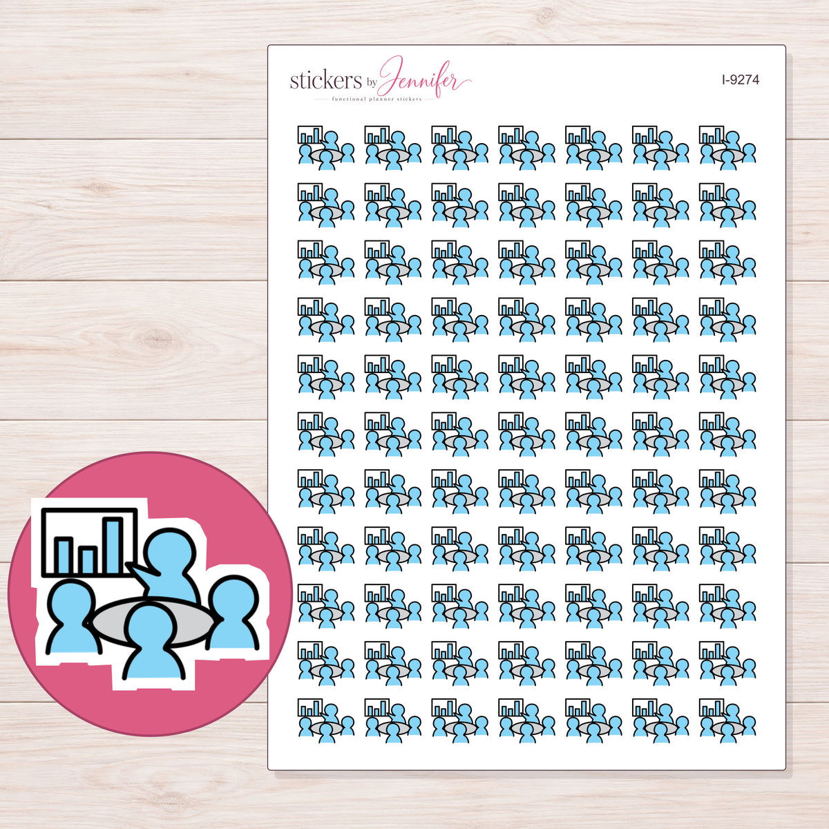 Blue Team Meeting Planner Stickers | I-9274 — 5 × 7 inch sheet and enlarged sticker detail