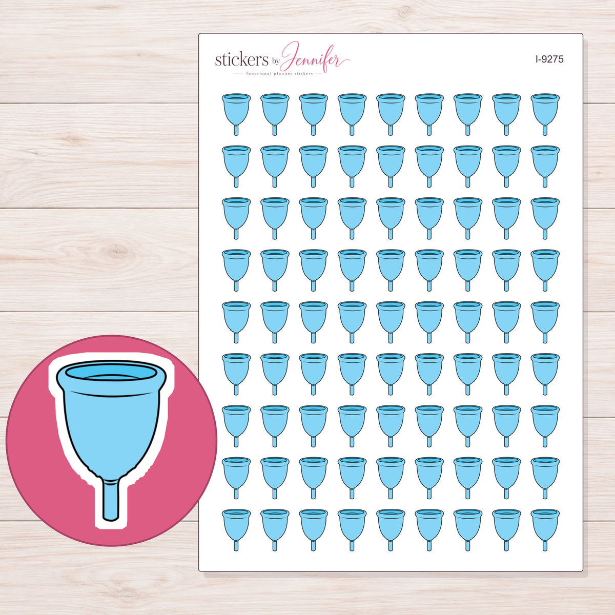 Blue Menstrual Cup Planner Stickers | I-9275 — 5 × 7 inch sheet and enlarged sticker detail
