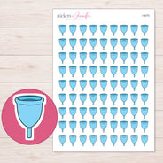Blue Menstrual Cup Planner Stickers | I-9275 — 5 × 7 inch sheet and enlarged sticker detail