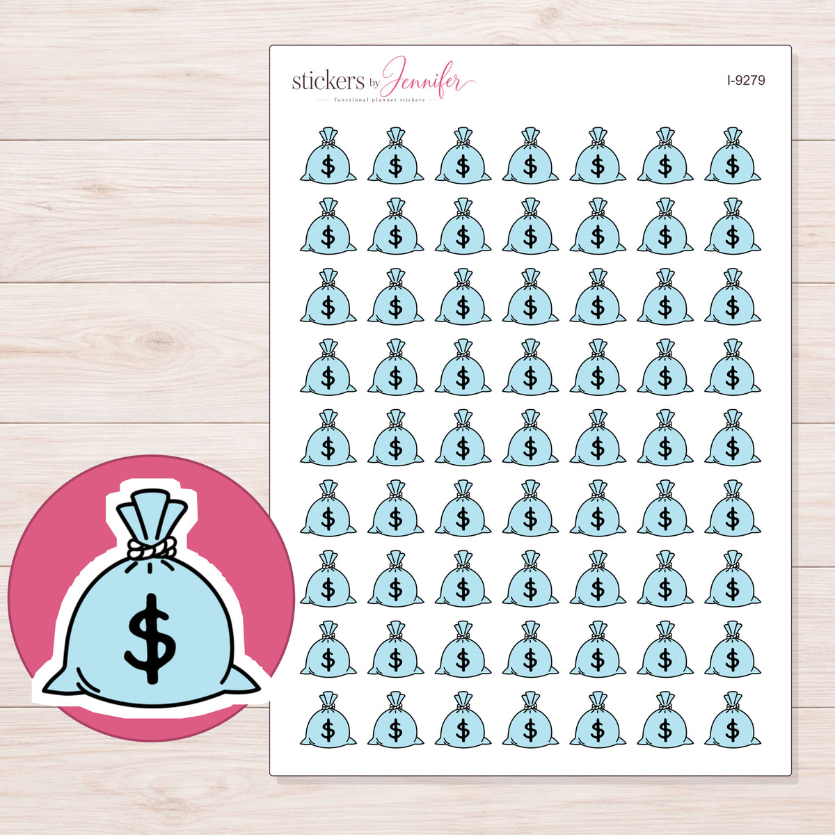 Blue Money Bag Planner Stickers | I-9279 — 5 × 7 inch sheet and enlarged sticker detail