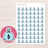 Blue Money Bag Planner Stickers | I-9279 — 5 × 7 inch sheet and enlarged sticker detail