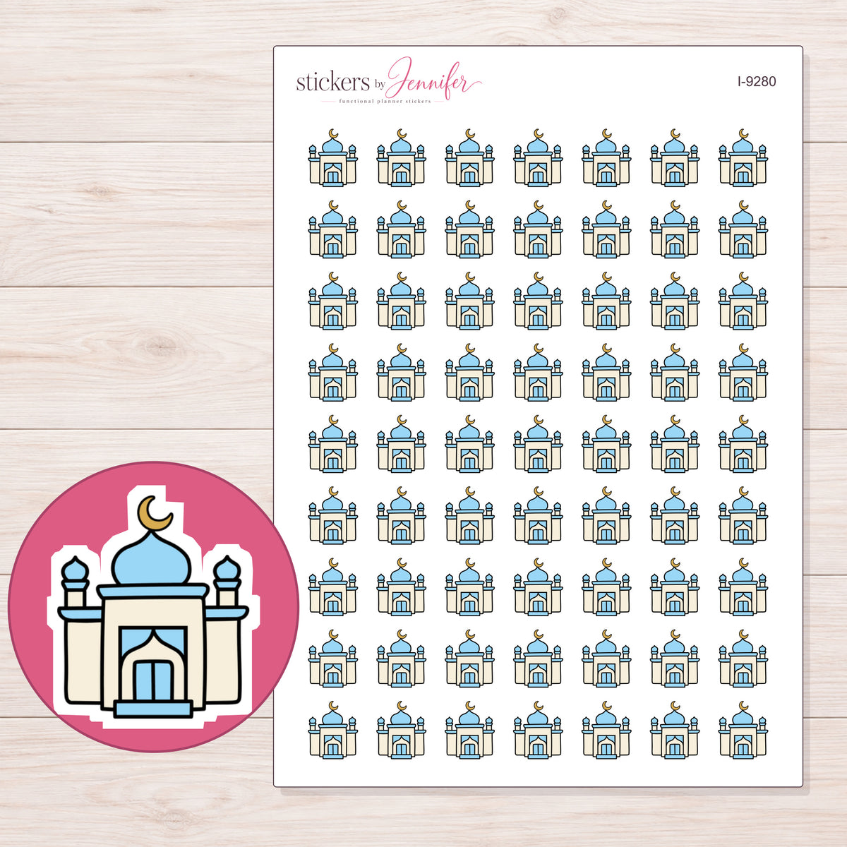 Blue Dome Mosque Planner Stickers | I-9280 — 5 × 7 inch sheet and enlarged sticker detail