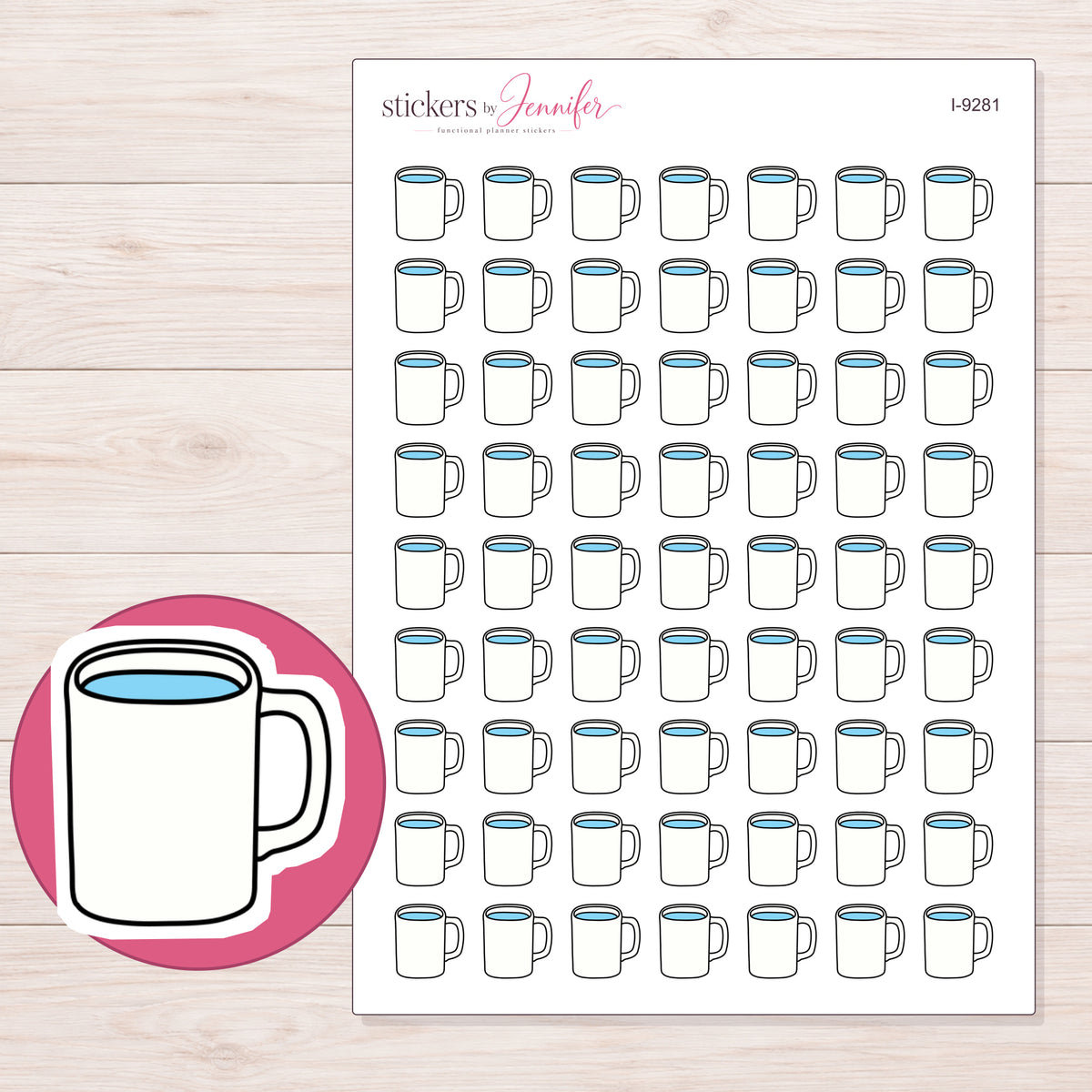 White Mug with Blue Interior Planner Stickers | I-9281 — 5 × 7 inch sheet and enlarged sticker detail