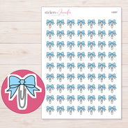 Blue Bow Paper Clip Planner Stickers | I-9287 — 5 × 7 inch sheet and enlarged sticker detail