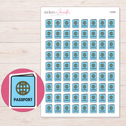 Blue Passport Planner Stickers | I-9288 — 5 × 7 inch sheet and enlarged sticker detail