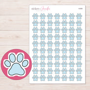 Solid Pale Blue Paw Print Planner Stickers | I-9289 — 5 × 7 inch sheet and enlarged sticker detail
