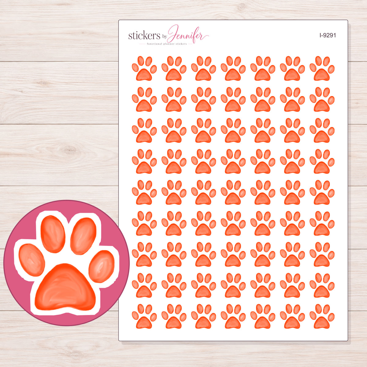 Bright Orange Watercolor Paw Planner Stickers | I-9291 — 5 × 7 inch sheet and enlarged sticker detail